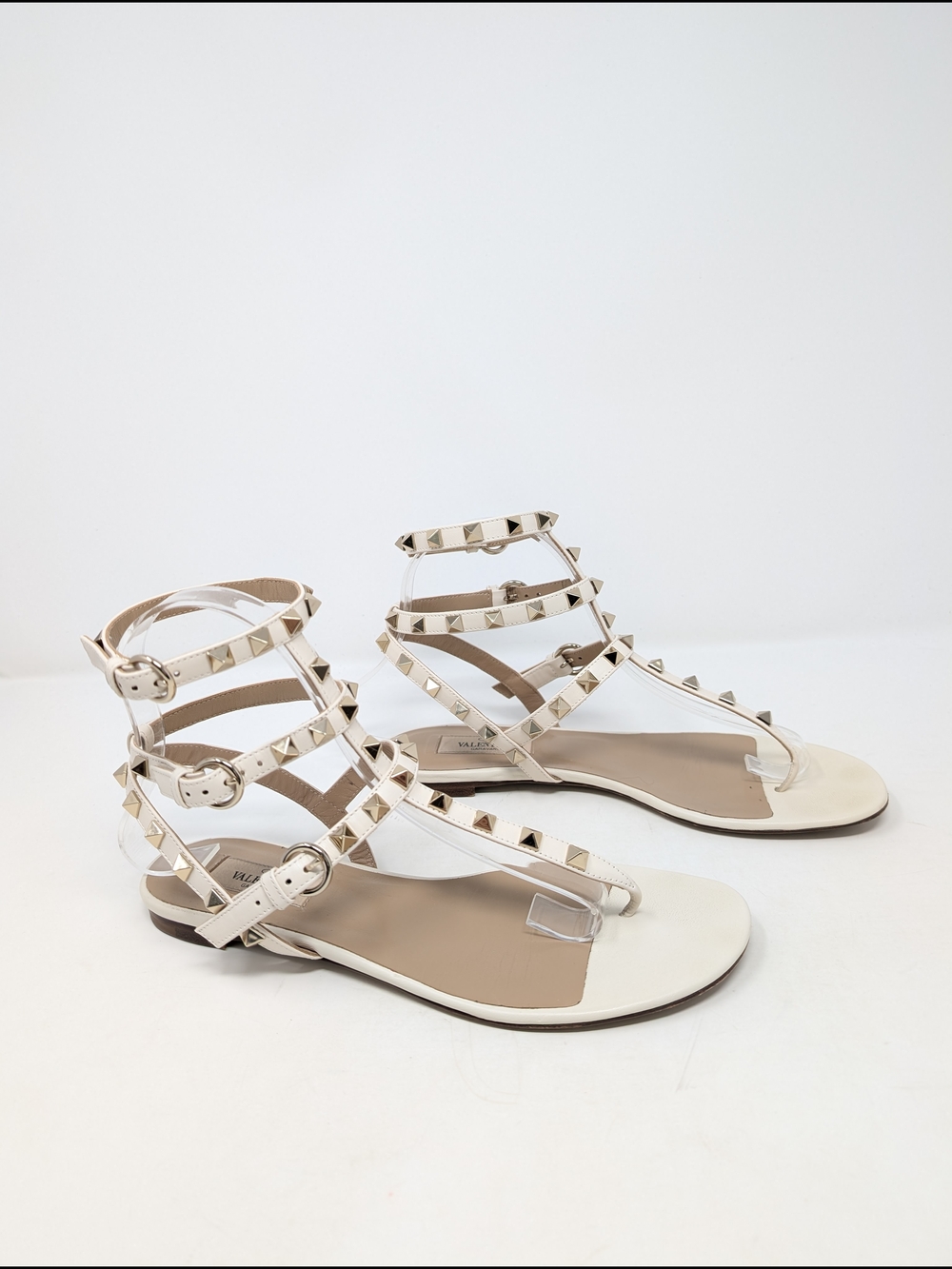 Valentino Garavani White Rockstud Gladiator Flat Thong Sandals Size 37.5